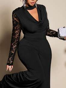 Cravure بدلة نسائية أنيقة بأكمام طويلة مصنوعة من الدانتيل والتريكو باللون الأسود، مع ياقة متدلية وظهر مفتوح للمقاسات الكبيرة - الأسود - مشاهدة 9