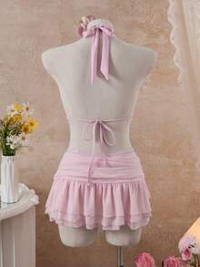 Swim Mod Conjunto de bikini con volantes y top halter para vacaciones de verano en la playa, con pareo y falda - Rosa - Ver 9