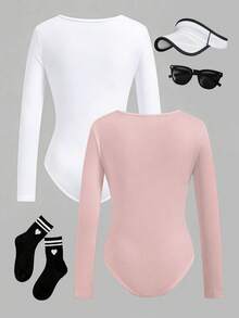 SHEIN 2件装女童纯色圆领舞蹈体操服，弹力修身长袖舞蹈连体衣，春夏款 - 彩色 - 查看 2
