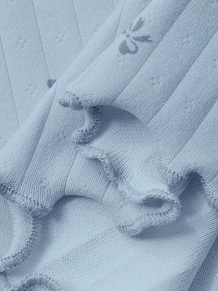 2pcs Bow Tie & Ditsy Floral Knit Cardigan And Straight Leg Pants Pajama Set For Women, Spring