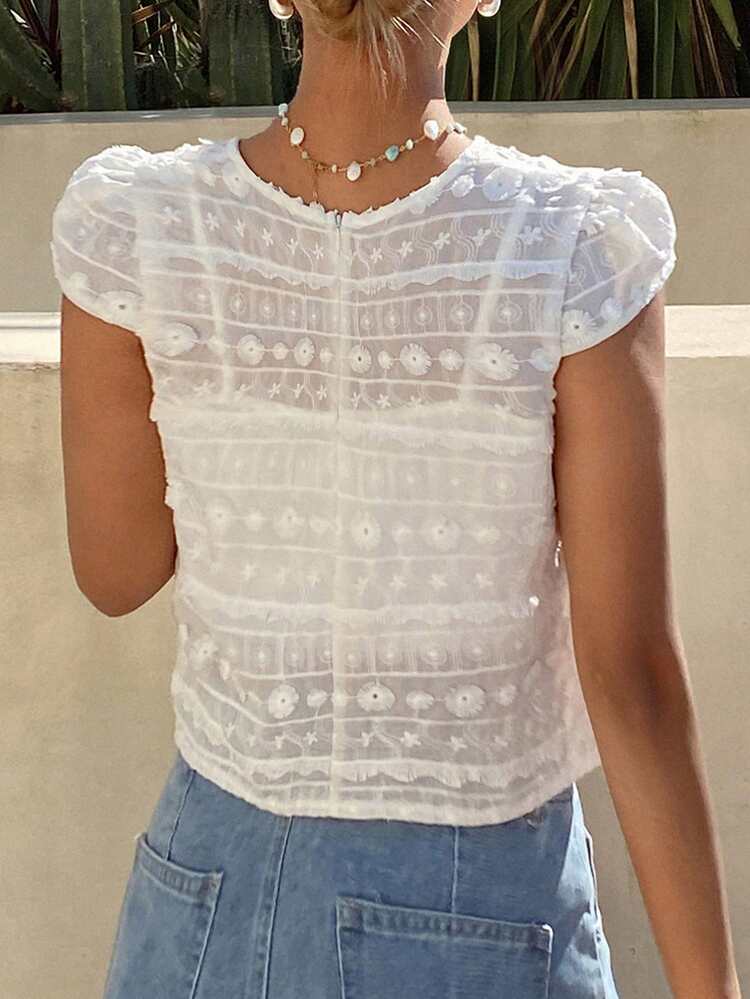 Women's Textured Jacquard Striped Ruffle Hem Casual Cropped Round Neck Pullover Blouse, Summer