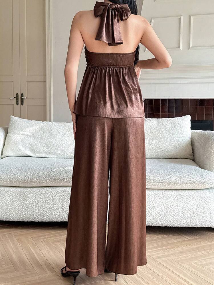 Women's Elegant Shiny Pleated Halter Neck Camisole And Wide Leg Pants 2 Pieces Set, Spring/Summer