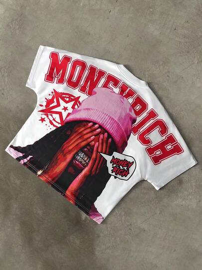 PAVTROS 男士街头风人像印花短袖T恤。男士青年街头风。男士圆领插肩短袖休闲T恤，创意印花，说唱歌手印花T恤。春夏皆宜，夏季，度假，复古，外出，派对，节日，送男友的礼物，街头服饰，运动