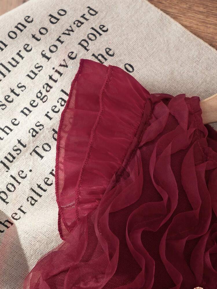 SHEIN Elladie kids Garden Girls Korean Style Summer New Fashion Chic Set, 3D Floral Cap Sleeve French Blouse + Skirt, Cute Sweet Girl 2pcs Outfit - Burgundy - View 4