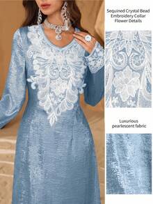 Al Najma New Arrival Metallic Gold Embroidered Mesh Trim Luxurious Turkish Abaya - Dusty Blue - View 7