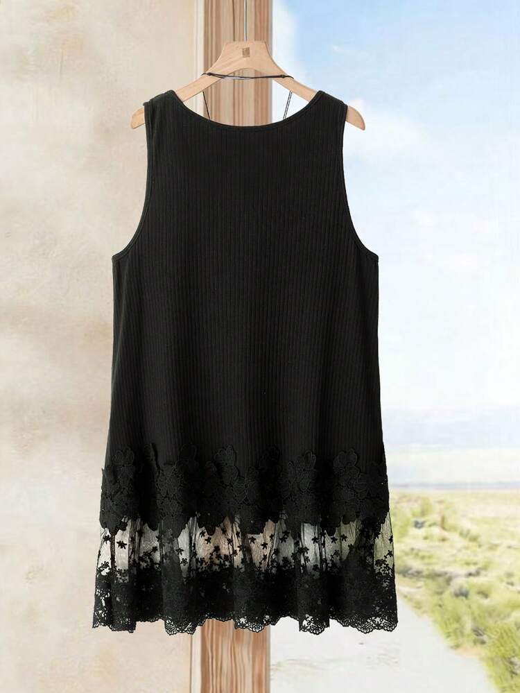 Plus Size Women Black Lace Patchwork Camisole\Summer\Vacation Black Top Summer Tops Summer Outfits Summer Clothes  Spring  Spring Outfit Women Spring Clothes Country Style For Women