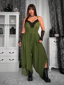 Whyspr Spring/Summer New Dark Gothic Textured Drapey V-Neck Jumpsuit With Ruffle Design, Tie-Up Waist, Pleated Slimming Pants - Dark Green - View 4