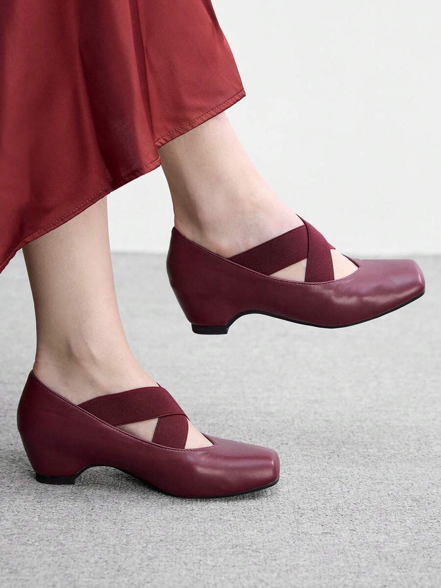 CUCCOO BIZCHIC Women's Shoes Square Toe Cross With Retro Burgundy Matte Wedge Heel Fashion Commuter Versatile Shoes - Burgundy - View 1