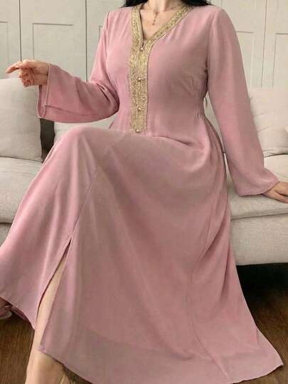 Dazy Plus Vestido largo de manga larga con escote en V y parches de gasa, para uso en fiestas, talla grande para mujer