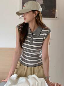 DAZY Contrast Stripe Fitted Polo Collar Casual Vacation Summer Knit Top For Women - Grey - View 6