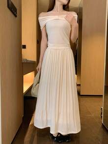 DAZY Women's French Style 2-Piece Set, Knotted Off-Shoulder Knit Top And High-Waist Skirt, Spring/Summer - Apricot - View 8