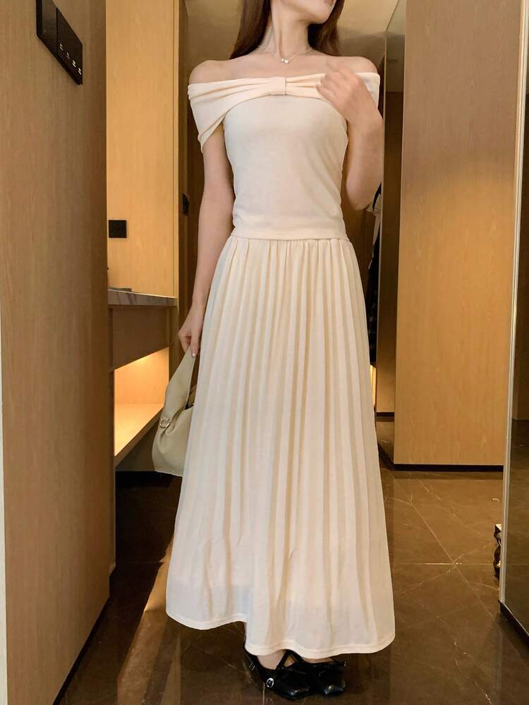 Women's French Style 2-Piece Set, Knotted Off-Shoulder Knit Top And High-Waist Skirt, Spring/Summer