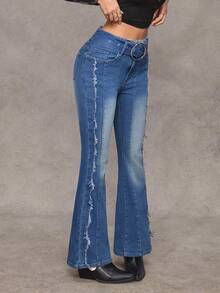 Jeanoix Denim Flare Sexy Ajustado Estilo Y2K Casual Versátil com Recortes Feminino - Lavagem escura - Visão 4