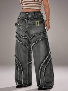 Jeanoix Plus Size Fashion Fringe & Belt Decor Denim Jeans, Suitable For Everyday Wear - Grey - View 3