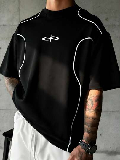 Sport MetroGents 男士撞色领口印花宽松运动T恤