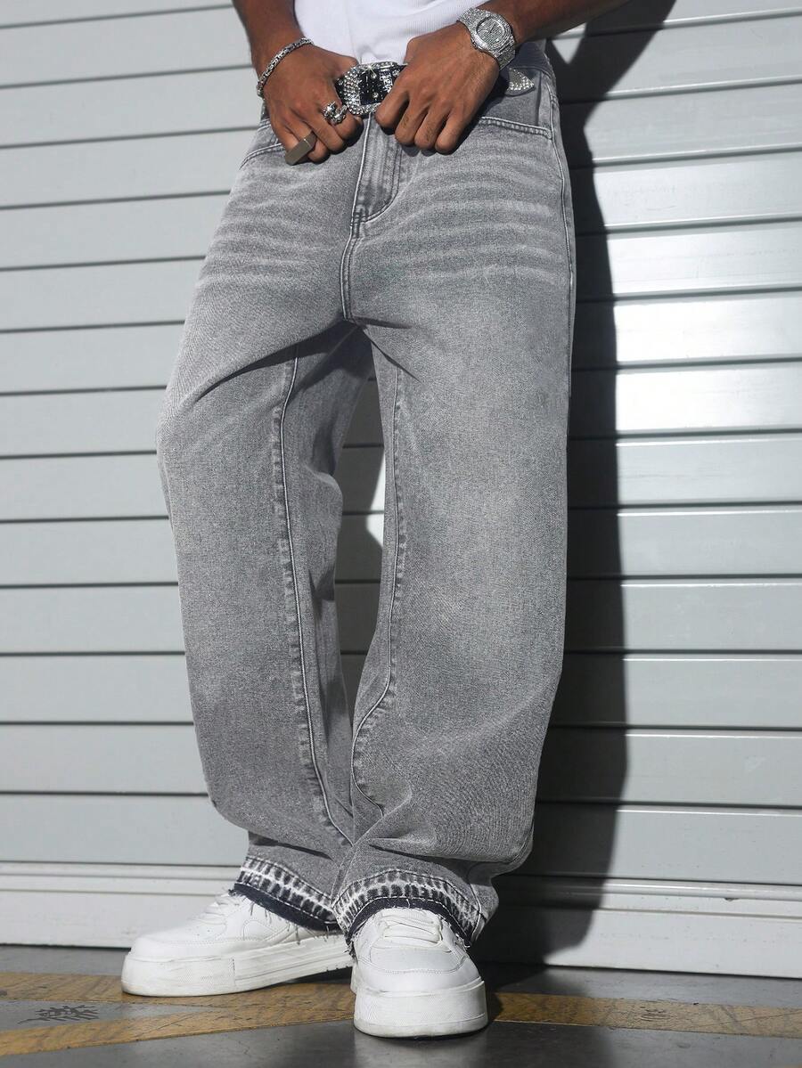 Manfinity EMRG Men's Casual Commuter Pants, Loose Straight Leg, Cement Gray Washed Design - Grey - View 1