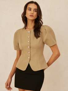 Revavyn 女士优雅双层四边弹力珍珠纽扣卡其色衬衫 - 卡其色 - 查看 7
