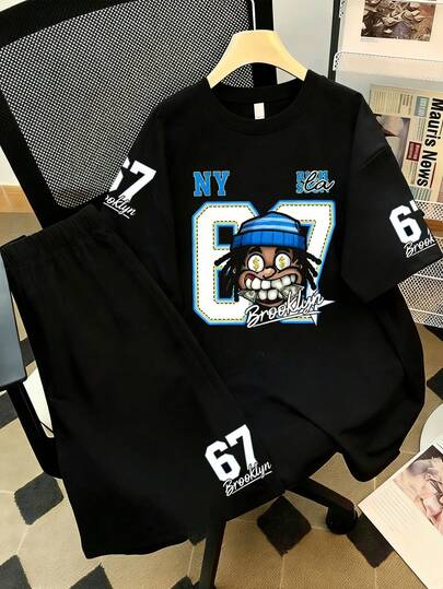 Tween Boy Summer Casual Fashionable Street Cartoon Number Print Dropped Shoulder Loose Black T-Shirt And Shorts Set