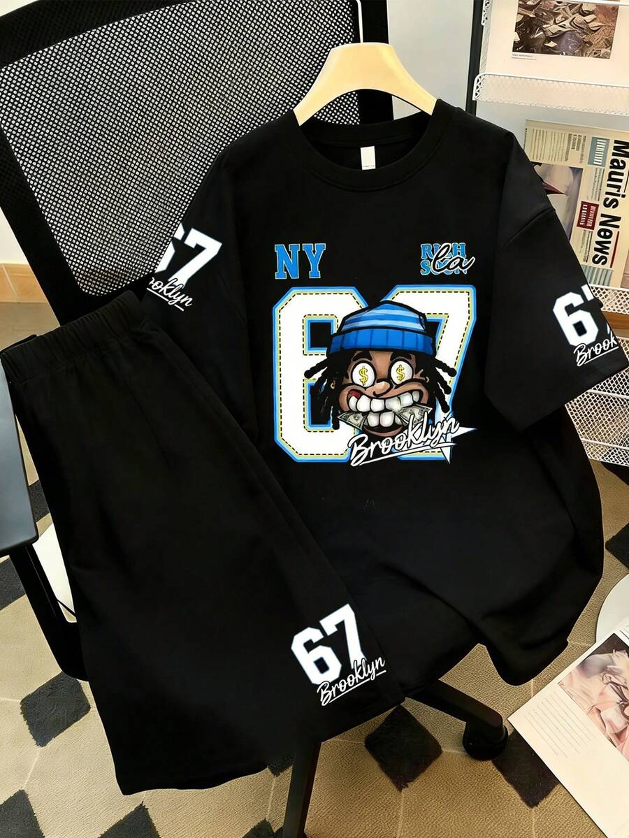男童夏季休闲时尚街头卡通数字印花落肩宽松黑色T恤和短裤套装 - 彩色 - 查看 1