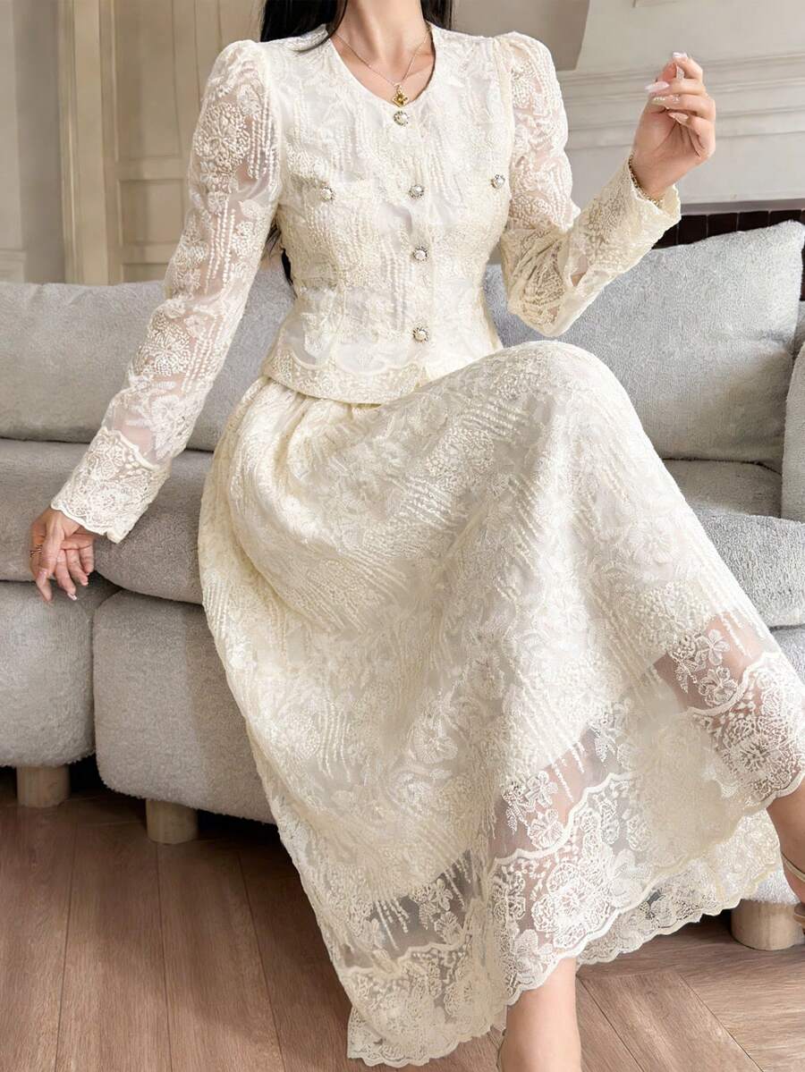 DAZY 女士优雅蕾丝圆领口袋花瓣袖上衣和A字裙两件套，春夏款 - 杏色 - 查看 1