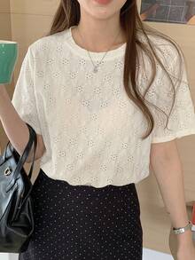 Livesso 女士宽松纯色圆领短袖基础款T恤，白色，夏季款 - 白色 - 查看 6