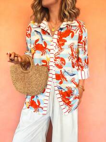 INAWLY 女士翻领单排扣螃蟹龙虾印花休闲百搭日常衬衫 - 彩色 - 查看 6