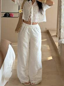 Pariaura 2pcs/Set Refreshing White Hollow Embroidery Outfit: V-Neck Tie-Up Crop Top With Ruffle Hem + Wide Leg Pants, Versatile Vacation & Work Wear, Slimming & Elegant Embroidered Set With Delicate Hollow Design - White - View 5