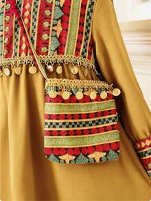 Spring/Summer New Young Girl Retro Print Patchwork Fringe Trim V-Neck Long Sleeve Loose Flare Dress With Crossbody Bag - Yellow - View 4