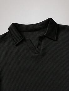 男士黑色V领Polo衫，新款时尚翻领套头衫，适合春秋季穿着 - 黑色 - 查看 3