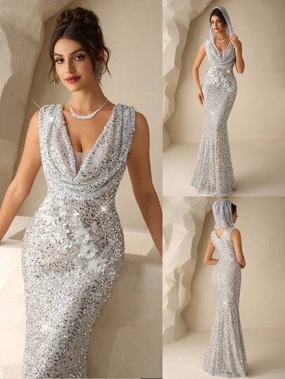 Coutiva Elegant, Sexy And Luxurious Sequined One-Piece Hood Design With Snow-Capped Mermaid Skirt, Formal Evening Dress, Suitable For Wedding Guests, Graduation Ceremonies, Parties, Banquets, And Red Carpet Walks Silver Formal Dress Silver Gown Gala Dress Elegant Glamorous Dress Luxury Dresses