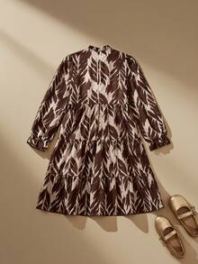 SHEIN Textured Chiffon Leaf Print A-Line Tween Girls Dress - Khaki - View 2