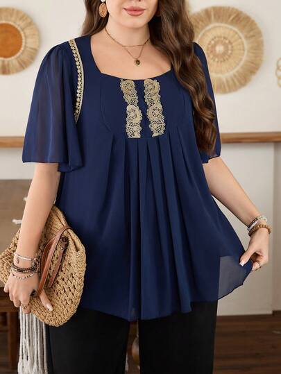 Lacomfia Minimalist Solid Color Floral Trim Fitted Short Sleeve Plus Size Blouse, Spring/Summer