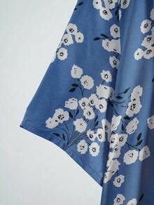 EMERY ROSE Plus Ditsy Floral Long Summer Dress With Sleeves Half Button Maxi Dress - Blue - View 12