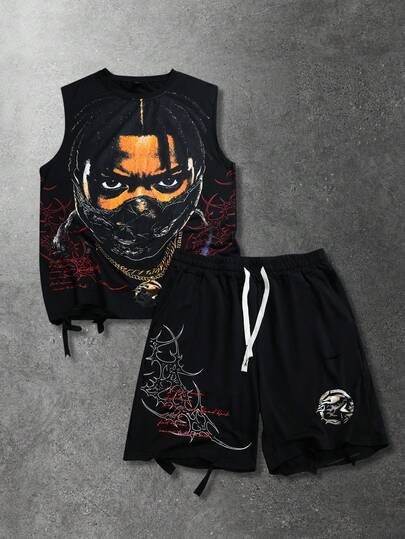 ROMWE MEN Men's Graphic Tank Top And Shorts Set, American Street Style Portrait & Text Print, Distressed