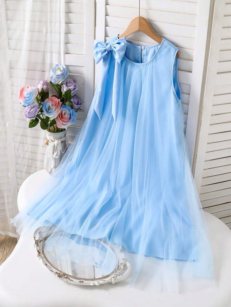 SHEIN Đầm lưới xếp tầng thanh lịch đính ngọc trai cho bé gái - Màu xanh lam - Xem 1