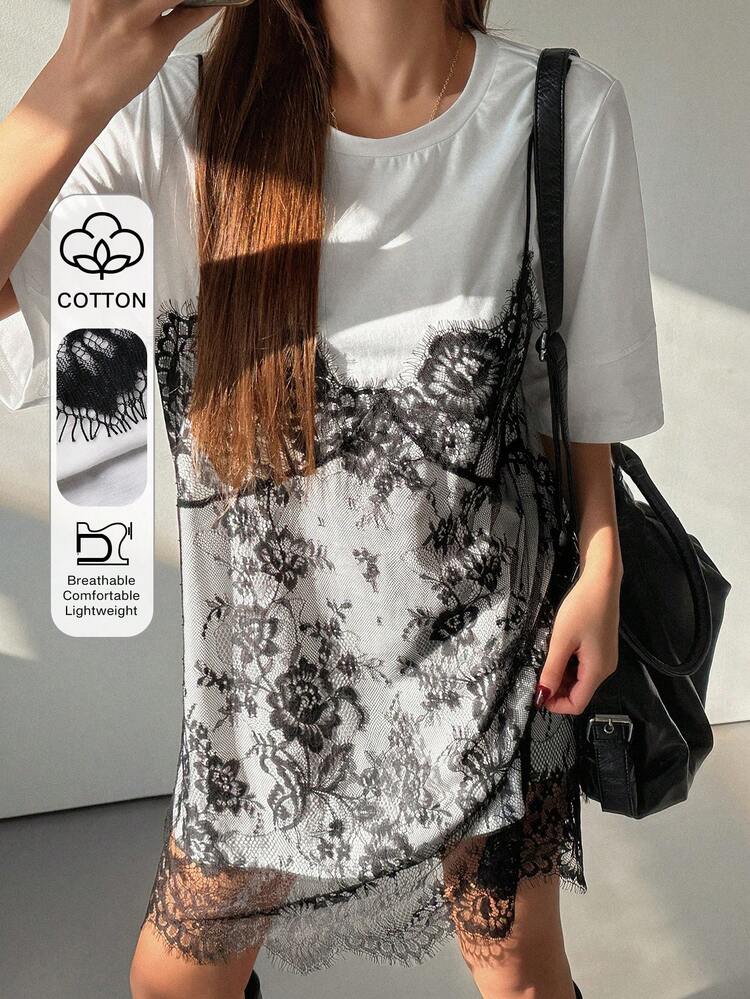 Women's Summer Casual Fashion Vacation Commute Contrast Lace Loose Dress Sundress