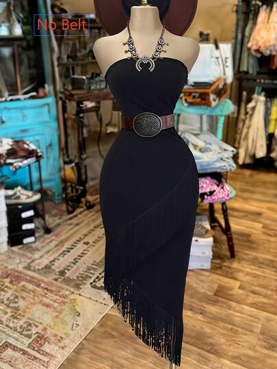 INAWLY Women's Fashion Solid Color Asymmetric Ruffle Hem Strapless Dress (Belt Not Included)