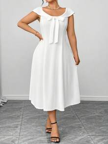 Elenzga 大码亚麻质感弹力针织面料仿蝴蝶结腰身A字及膝连衣裙，优雅百搭，适合通勤、外出、约会、派对、度假等场合。 - 白色 - 查看 4