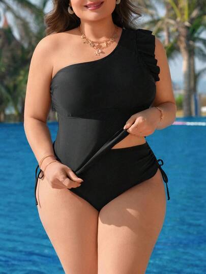 Swim Lushoire 2026 New Plus Size Women's Solid Color Two Pieces Detachable Padded Swimwear, Elegant Personalized One-Shoulder Ruffle Design, High-Waisted Triangle Shorts With Drawstring, Casual Fashionable Beach Vacation Swimwear
