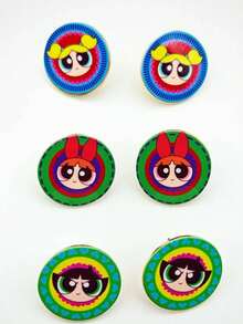 THE POWERPUFF GIRLS X SHEIN 锌合金卡通动物印花耳环套装，精致简约又可爱，适合派对、音乐会、节日等场合佩戴。 - 金色 - 查看 6