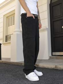 Manfinity LEGND Quần jean denim cargo nhiều túi màu đen dành cho nam, quần dài ống rộng dáng suông. - màu đen - Xem 5