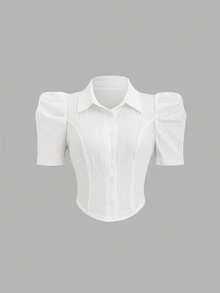 Sweetra 羊腿袖修身短款衬衫，学院风白色女式衬衫，春夏款 - 白色 - 查看 1