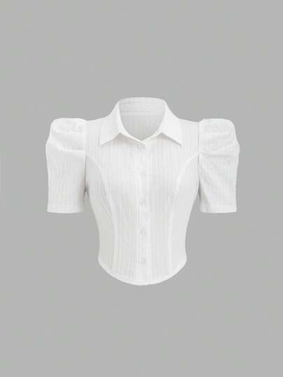 Sweetra 羊腿袖修身短款衬衫，学院风白色女式衬衫，春夏款