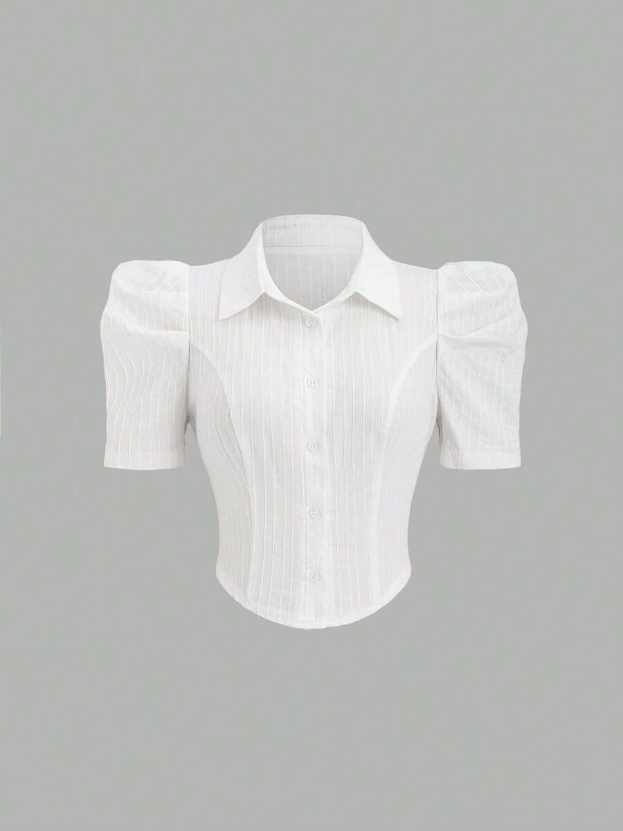 Sweetra 羊腿袖修身短款衬衫，学院风白色女式衬衫，春夏款 - 白色 - 查看 1