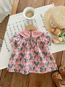 SHEIN Đầm liền thân cho bé sơ sinh, kiểu dáng đơn giản, rộng rãi, họa tiết hoạt hình, cổ tròn, tay ngắn, hoàn hảo cho mùa hè. - màu đen - Xem 8