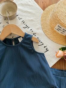 SHEIN 女婴可爱夏季度假休闲蓝色荷叶边背心短裤套装 - 藍色 - 查看 3