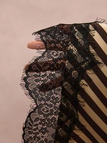 Freevana Plus Size Women Summer Casual Commuting Fashion Contrast Stripe & Floral Print Bat Wing Short Sleeve Lace Patchwork Irregular Hem T-Shirt - Coffee Brown - View 4