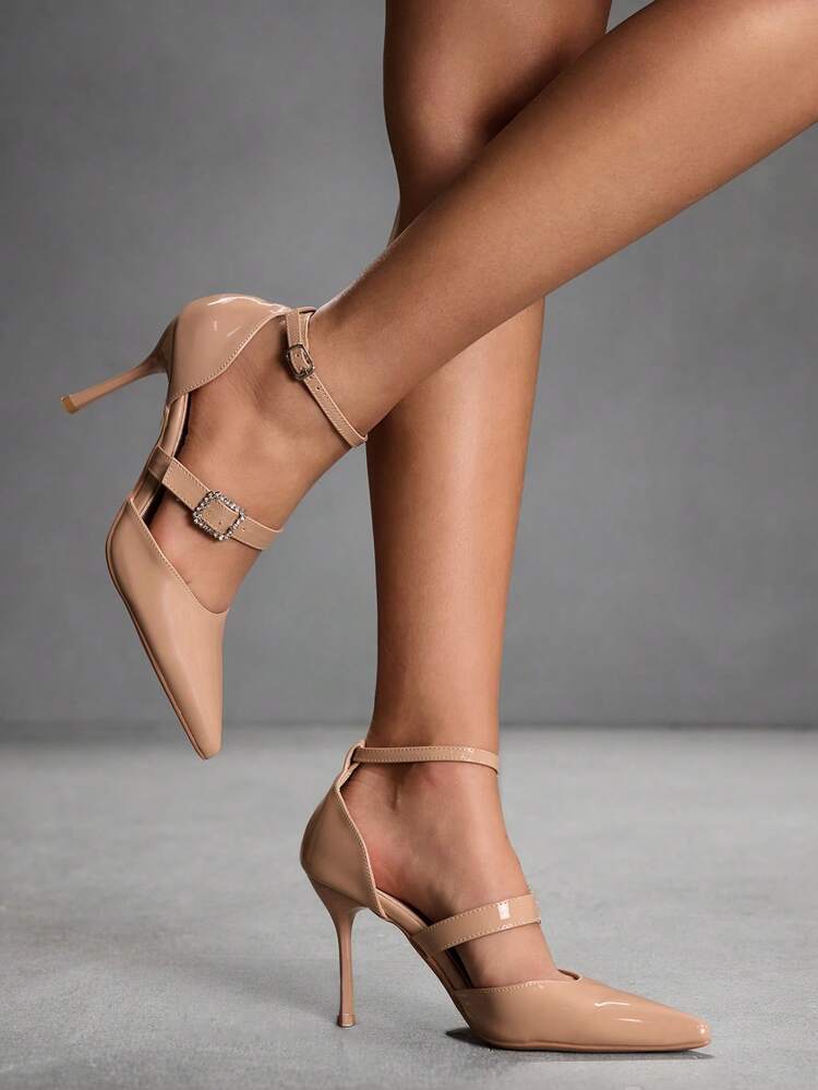 CUCCOO SZL Women's Nude Color Patent Leather Pointed Toe Stiletto High Heel Shoes With Rhinestone Buckle Straps, Sexy & Fashionable For Dates