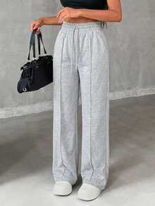 SHEIN Tall Pantalones anchos de algodón con cintura con cordón - Gris - Ver 3