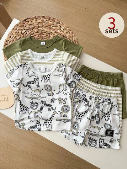 Playful Pals 3件套新生儿男宝宝基础款圆领弹力腰可爱动物印花条纹短袖T恤和短裤套装，夏季